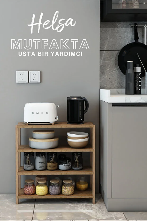 Helsa Atlantik Çam 4 Raflı Ahşap Yan Sehpa -Çok Amaçlı Dekoratif Raf, Organizer